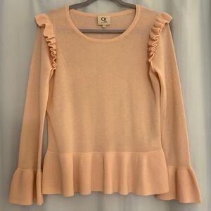 Qi Cashmere Ruffled Peach Cashmere Long Sleeve Sweater, size‎ M